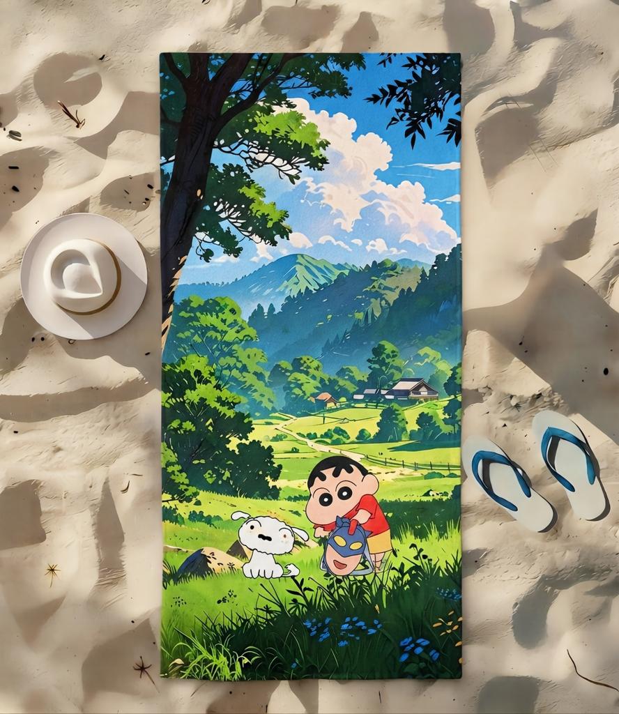 Crayon Shin Chan Microfiber Beach Towel Shinchan Shiro Dog Mountain Village Print Quick Dry Sand Free Kids Pool Bath Travel Gift