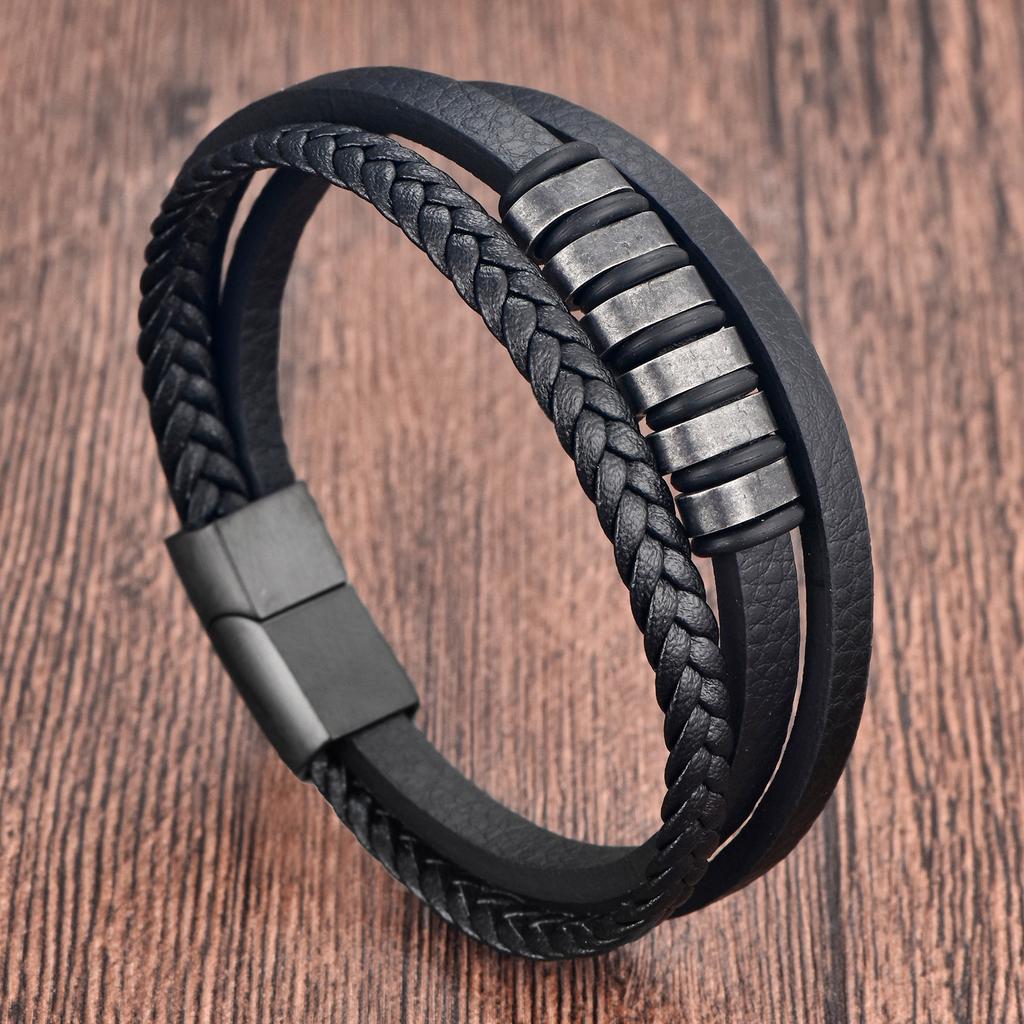 Black Leather Rope Cowhide Men's Simple Atmosphere, Genuine Leather Woven Bracelet Handmade Multi-layer Leather Bracelet 2026