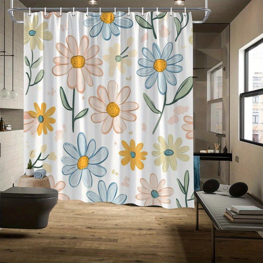 Причурливая шторка для душа с ромашками, нежный пастельный цветочный дизайн, желтые серединки, полиэстер, легкая установка, декор для ванной W90xH180cm