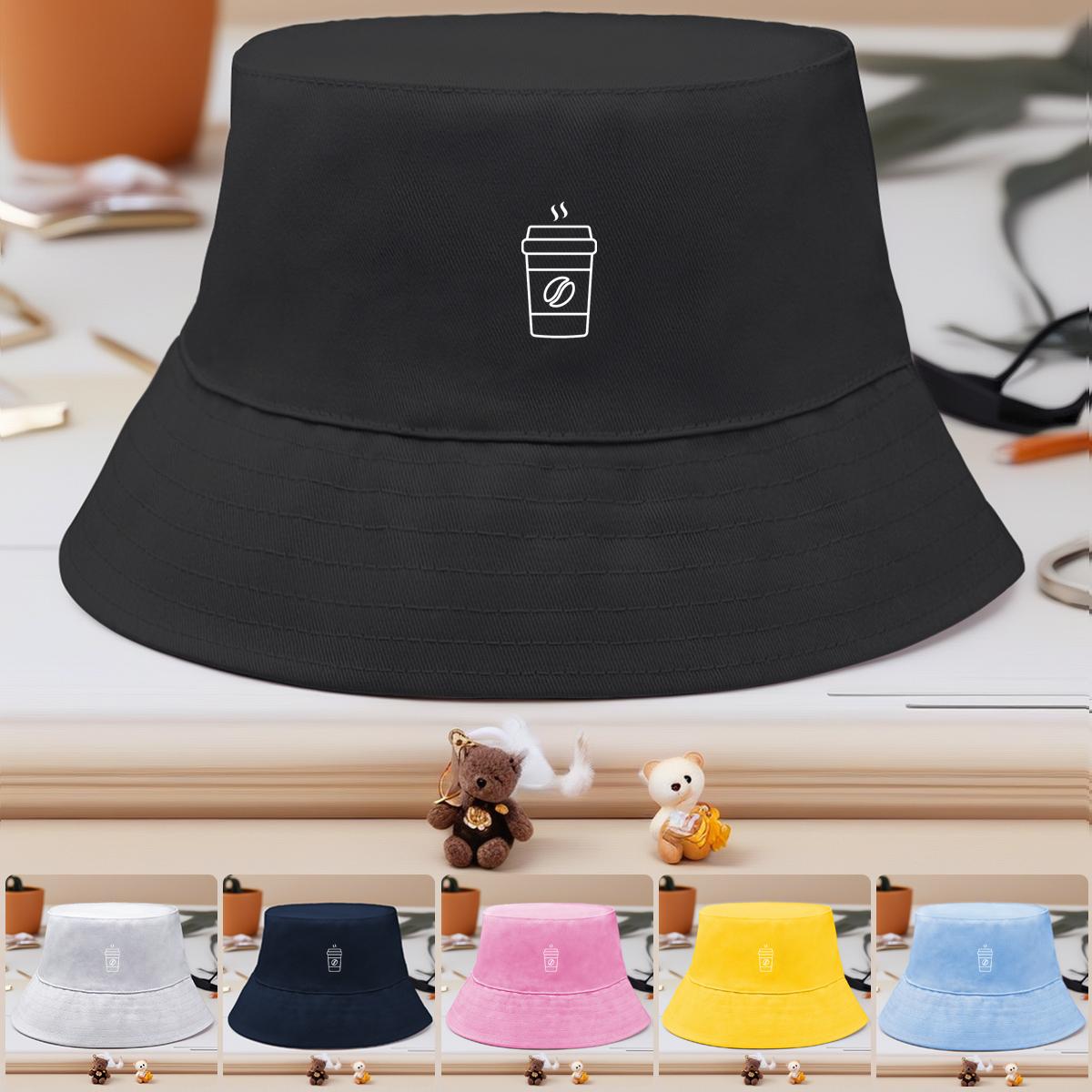 

Bucket Hat With White Coffee Cup Lines Print , Sun Cap Candy Color Summer Trendy Basin Hat as the picture жовтий