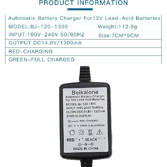 12V Sealed Lead Acid (SLA) Battery Charger 1300MA, With Short Circuit Protection