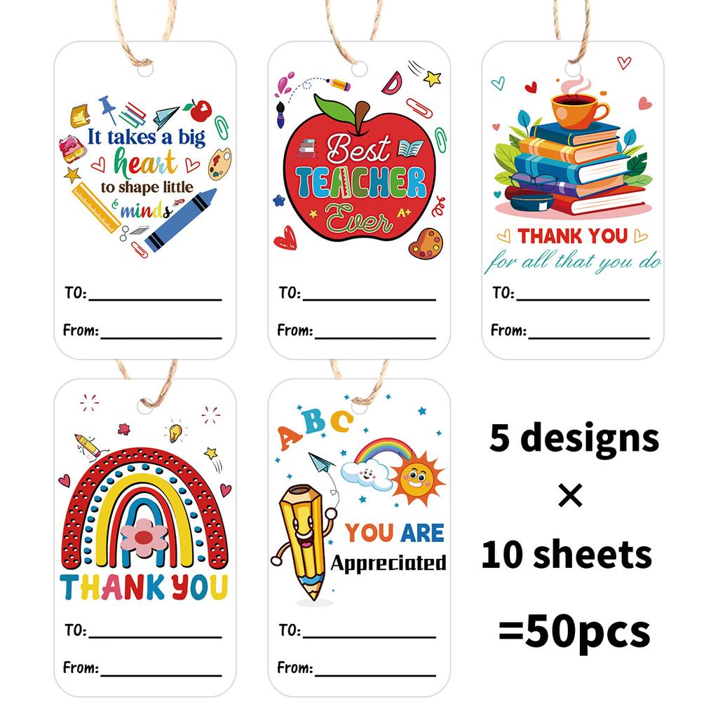 50Pcs Teacher Appreciation Tags with Rope, School Party Decor Gift Labels, Thank You Card Hanging Decorations