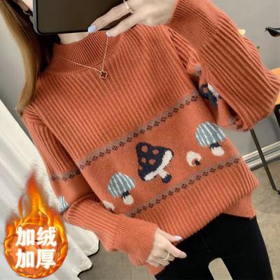 Sweater for Women's Autumn and Winter New Style Plus Velvet Thickened Half Turtle Neck Knitted Base Short Loose Jacquard Top