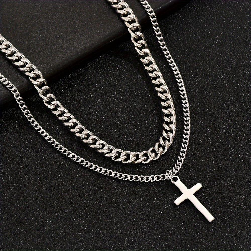 Double Layered Cross Pendant Necklace, Men's Fashionable Hip-hop Sweater, Chain Accessories