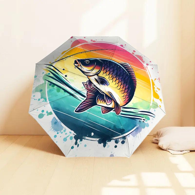 Colorful Fish Sunset Design Automatic Opening/Closing Umbrella with Foldable Design - Perfect for Fans, Travelers, Daily Use, and Festive Gi