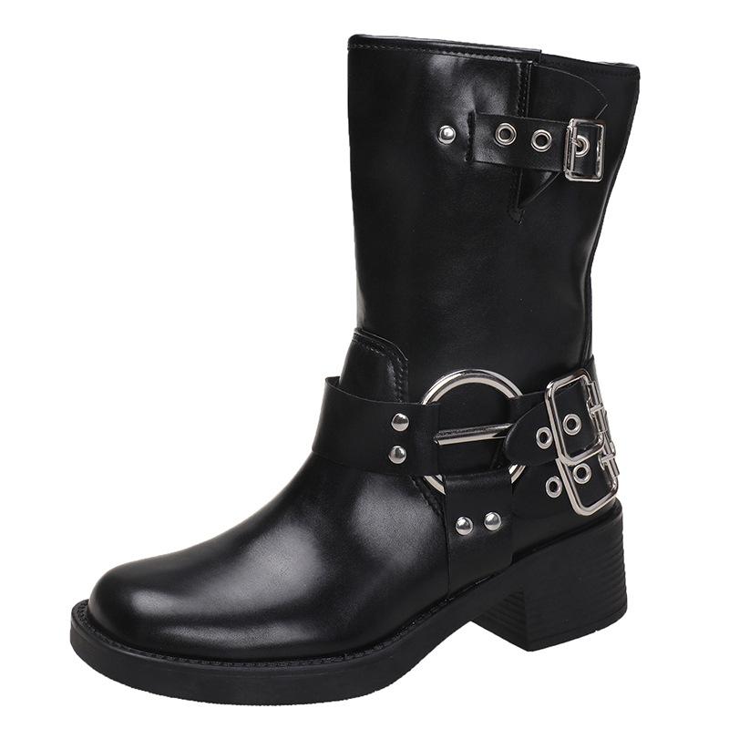 

Ethnic style metal belt buckle thick heel Martin boots for women 2025 autumn and winter retro short tube mid-heel western cowboy boots for women 35 чёрный