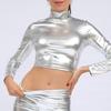 Damen Club Top Glänzendes Kunstleder Halbhoher Kragen Einfarbig Taillenbelichtete Langarm Skinny Pullover Elastisches Nachtclub Bühnenshow Party T-Shirt