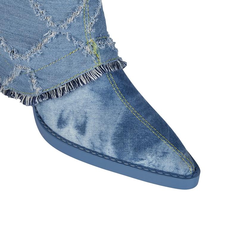 Fashion Kaky's new denim hollowed out pointed toe super high heels large boots high boots 44 45 46
