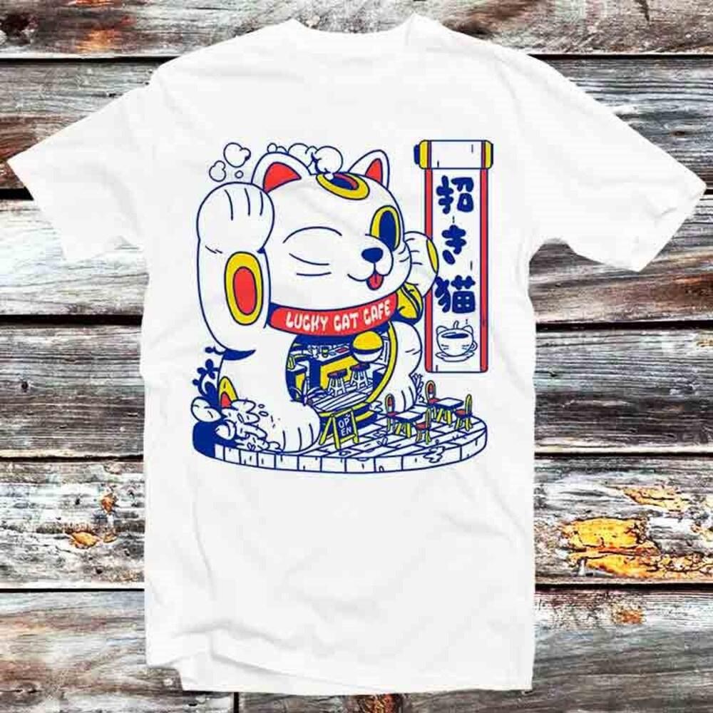 

230GSM 100% Cotton T-Shirt Maneki Neko Lucky Cat Fortune Happiness Wealth T Shirt Vintage Retro Cool Gift Mens Womens Unisex Cartoon Anime Top Tee B38 XS белый