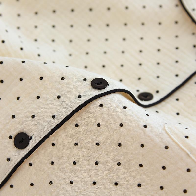 Women's Polka Dot Crinkle Cotton Pajama Set - Long Sleeve & Pants, Japanese Style, Soft Spring/Summer Homewear
