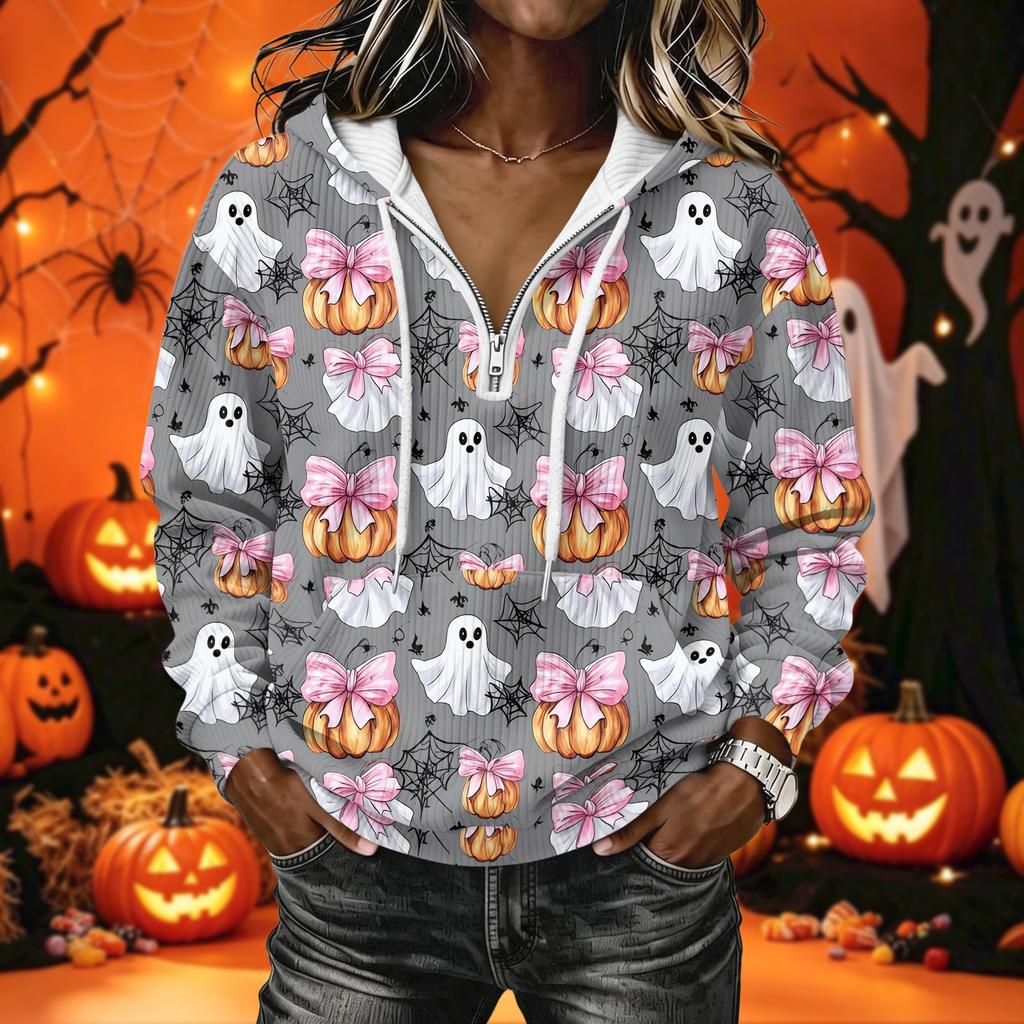 Women's Halloween Print Long Sleeve Hoodie Pullover Sweatshirt