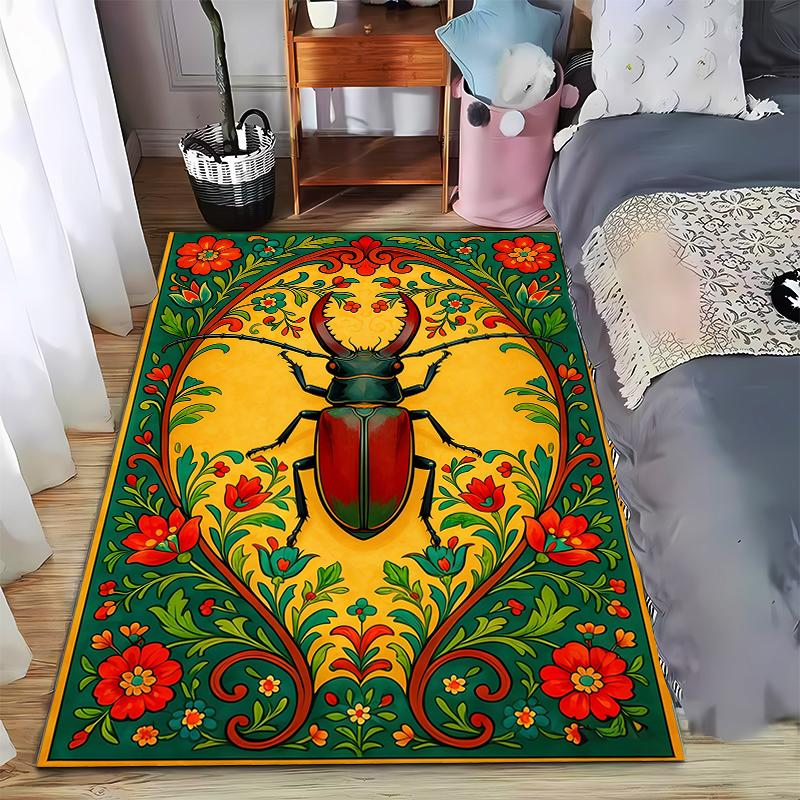 Colorful Beetle and Floral Pattern Carpet with Vibrant Yellow Background Suitable for use as an anti-slip for living room bedroom sofas