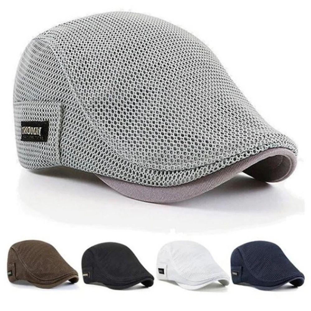 Korean Style Men Beret Hat British Style Forward Peaked Cap Adjustable Mesh Flat Cap  Summer