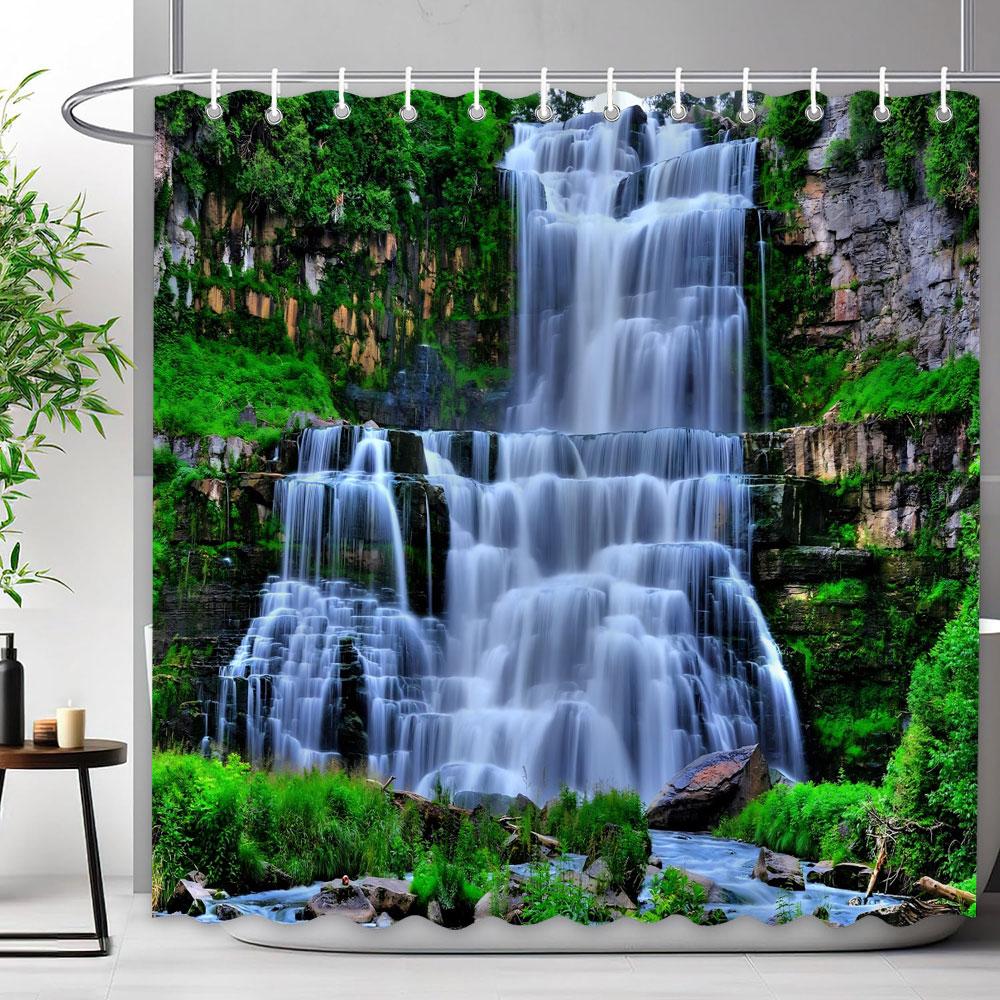 Waldwasserfall Duschvorhang Außen Naturlandschaft Üppige Wälder Grüne Pflanzen Blumig Polyester Duschvorhänge Badezimmer Dekoration