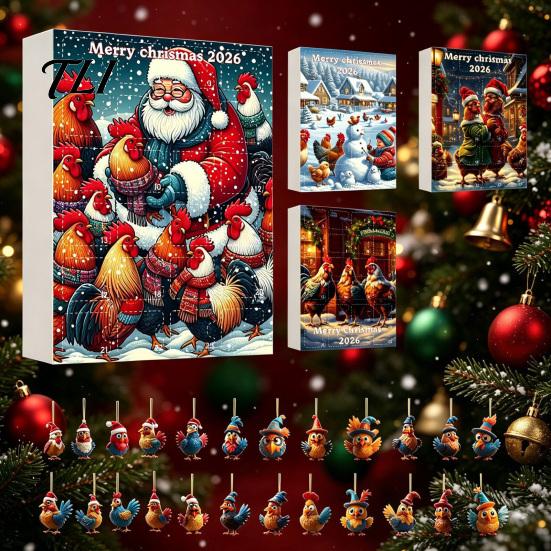 Scatola Regalo Conto alla Rovescia per le Feste 2026 per Bambini Adulti Calendari dell'Avvento Pollo 2025, 24 Giorni Ornamento Animale Piatto 2D Divertimento di Natale Bomboniere per Feste Calza