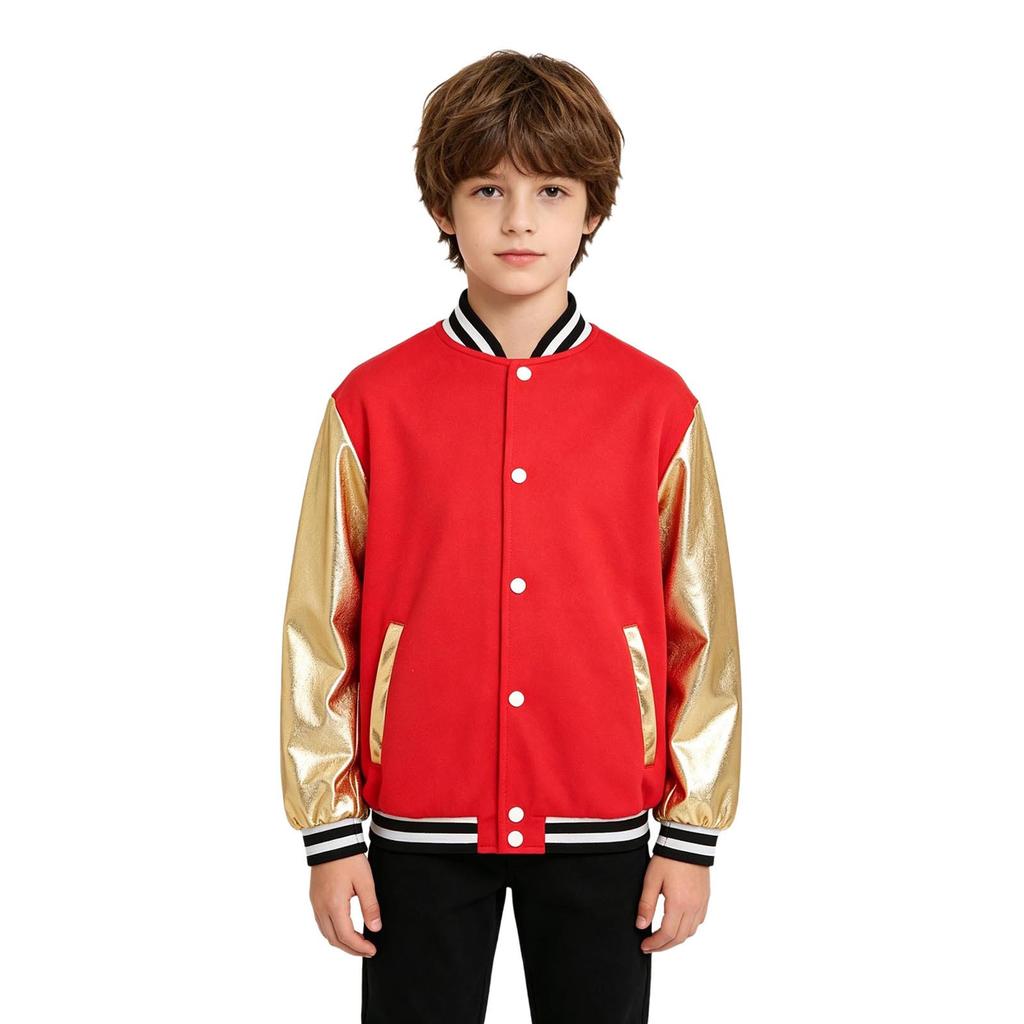 Unisex Metallic Eagle Print Back Bomber Jacket Long Sleeve Color Blocking Outerwear for Kids Dance Street Style