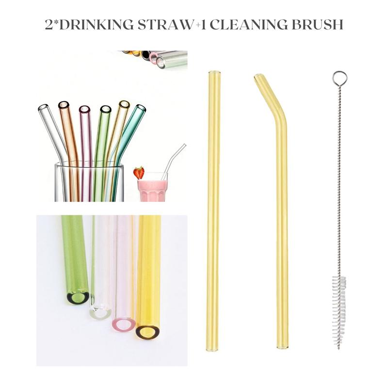 3/4Pcs Colorful Glass Drinking Straw Cocktail Milk Tea Straight Curved Eco-friendly Reusable Heat Resistant With Cleaning Brush