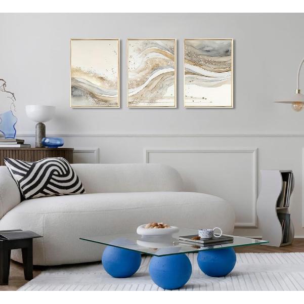 3Pcs Gold Abstract Marble Canvas Wall Art Modern Grey and Gold Fluid Painting Picture Wall Decor neutral Marble Poster Print Artwork for Bedroom