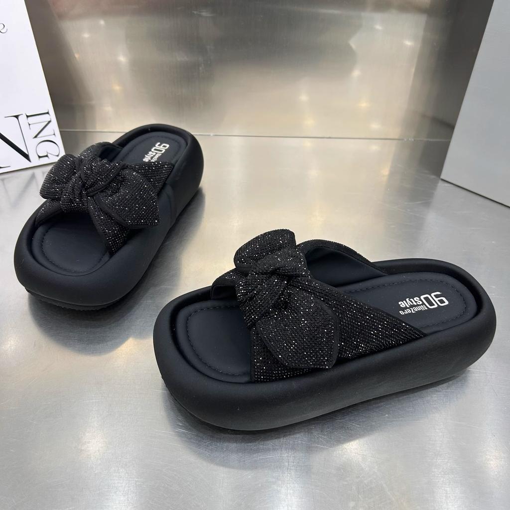 2025 new casual versatile beach shoes fashion bow one-word sandals platform comfortable slippers women's shoes trendy shoes
