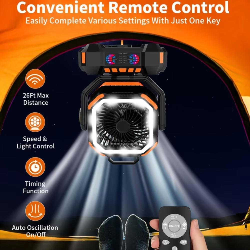 Ventilatore a Batteria da 40000mAh Portatile Ricaricabile da Scrivania/Campeggio con Luce LED e Gancio Ventilatore da Esterno per Tenda Viaggio in Auto