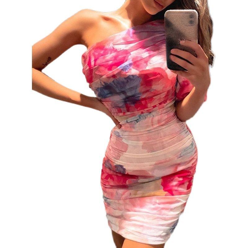 Women's Floral One Shoulder Slim Dress Women's Pink One-Shoulder Pleated Floral Tight Skirt