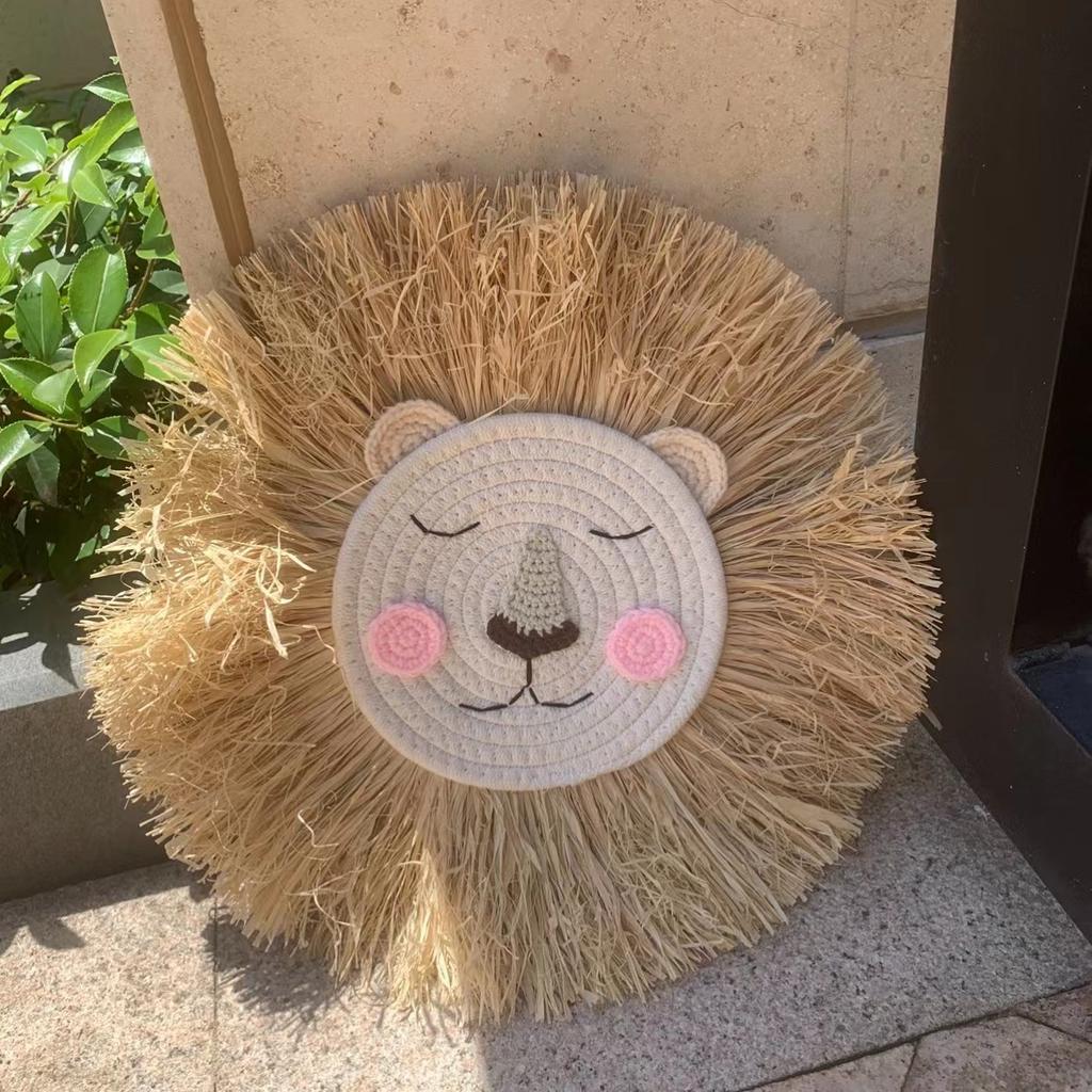 INS Nordic Handmade Lion Wall Decor Cotton Thread Straw Woven Animal Head Wall Hanging Ornament for Nursery Baby Room Decoration