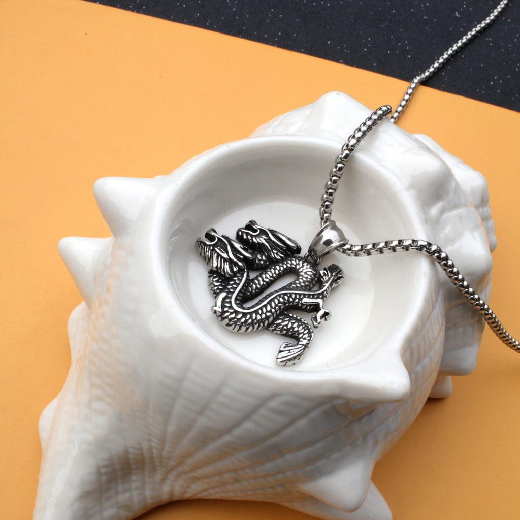 Jewelry Double Dragon Divine Dragon Pendant Necklace Punk Retro Trendy Male Divine Dragon Titanium Steel Pendant