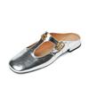 Fashion 2025 New Summer Women Mules Genuine Leather Women Shoes Square Toe Chunky Heel Sliver Women Sandals Low Heel Modern Slippers