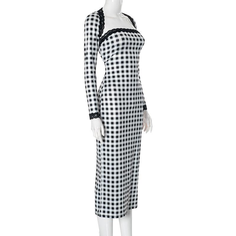 Women's  Lace Plaid Printed Sheath Dress Patchwork Shawl Two Piece Set