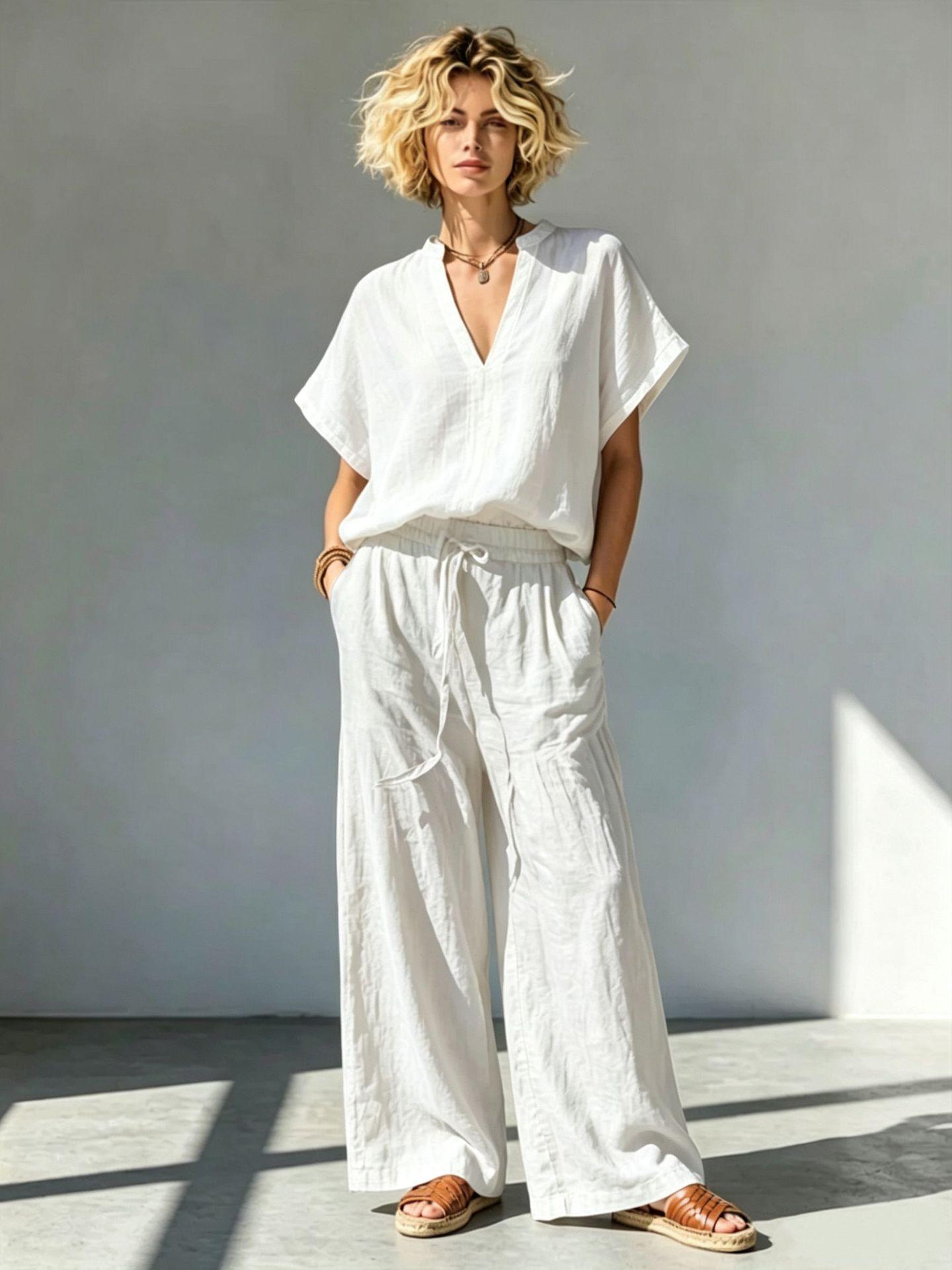 Women White V Neck Wide Leg suit Casual Loose Sleeveless Playsuit with Pocket Summer Outfit S