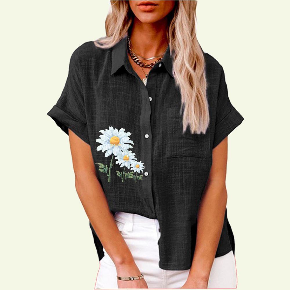 

Модная женская рубашка с воротником с лацканами, летний и осенний топ с цветочным принтом и карманом, свободная футболка с коротким рукавом, женские повседневные льняные блузки