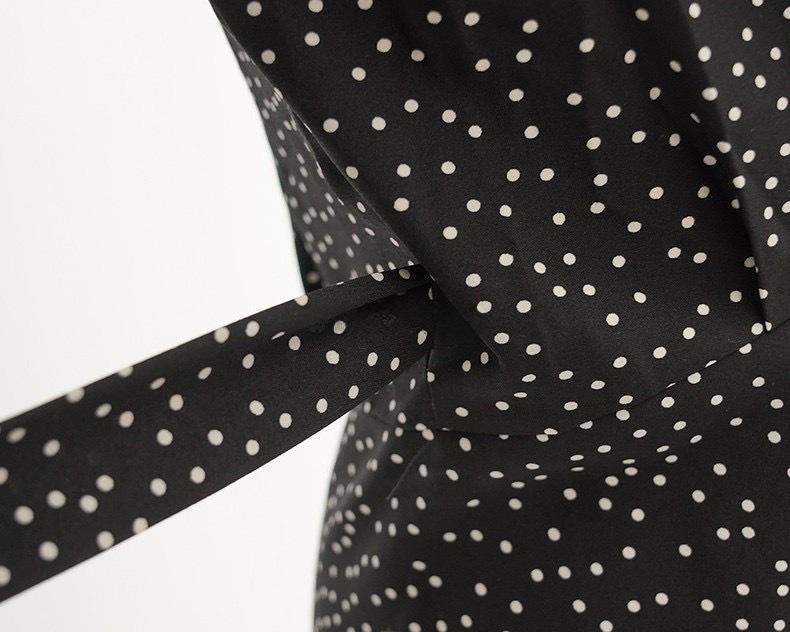 Women's Petite French Polka Dot V-Neck Long-Sleeve Belted Dress - Short Skirt for Spring & Autumn.