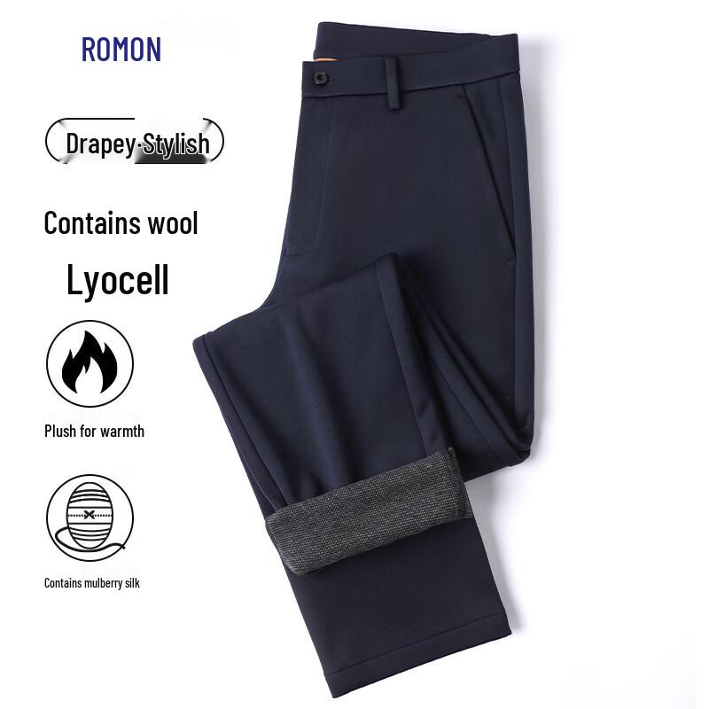 ROMON Men's Wool Blend Fleece Lined Straight-Leg Business Casual Trousers