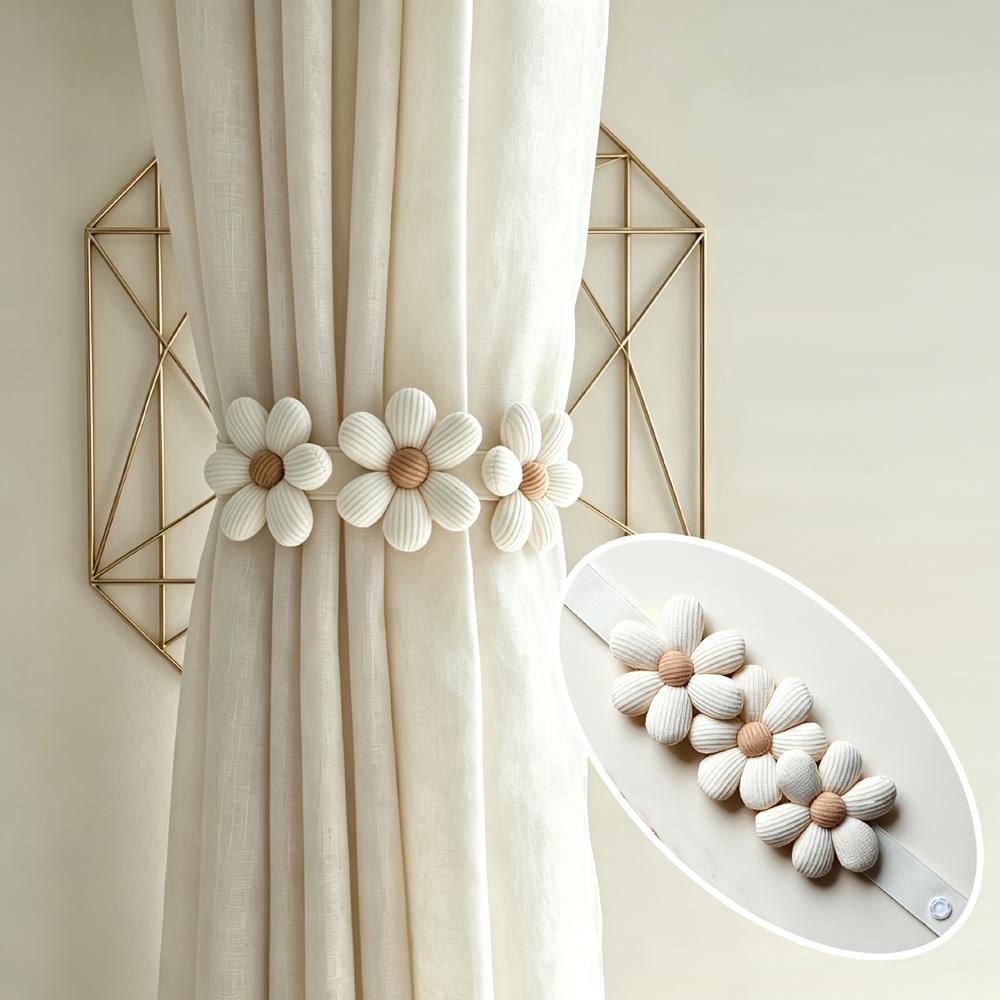 1Pc Boho Elastic Curtain Tieback with Daisy Floral Tassel, Ivory Cream Pattern Invisible Hook Ring, Simple Installation for Home