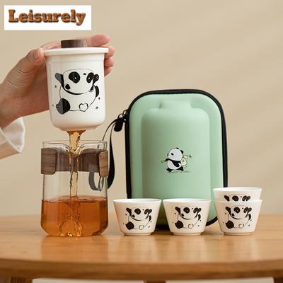 Cute Panda Mutton Fat Jade Travel Tea Set Kit Japanese 1 Pot 4 Cups Tea Maker Organizer Portable Camping Tote Bag Accessories