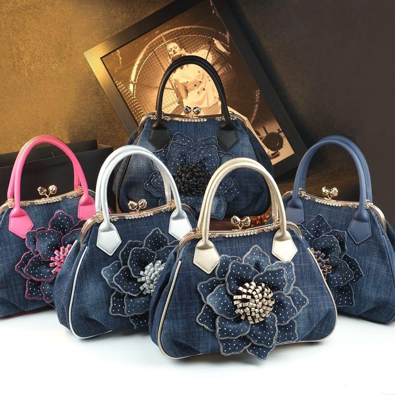 2025 Fashion Versatile Women s Large Capacity Handbag Flower Denim Diamond Set Cross Shoulder Bag 7255₽