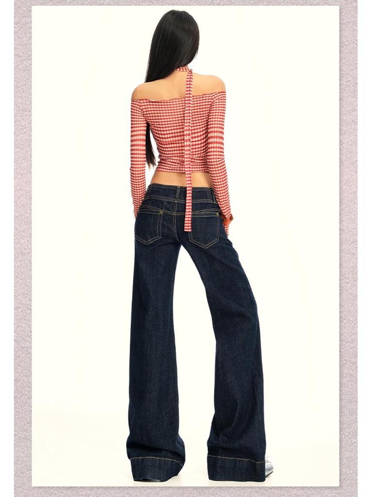 25. OOTD: Americké Retro Tmavě Modré Micro-Flare Volné Zeštíhlující Dlouhé Džíny