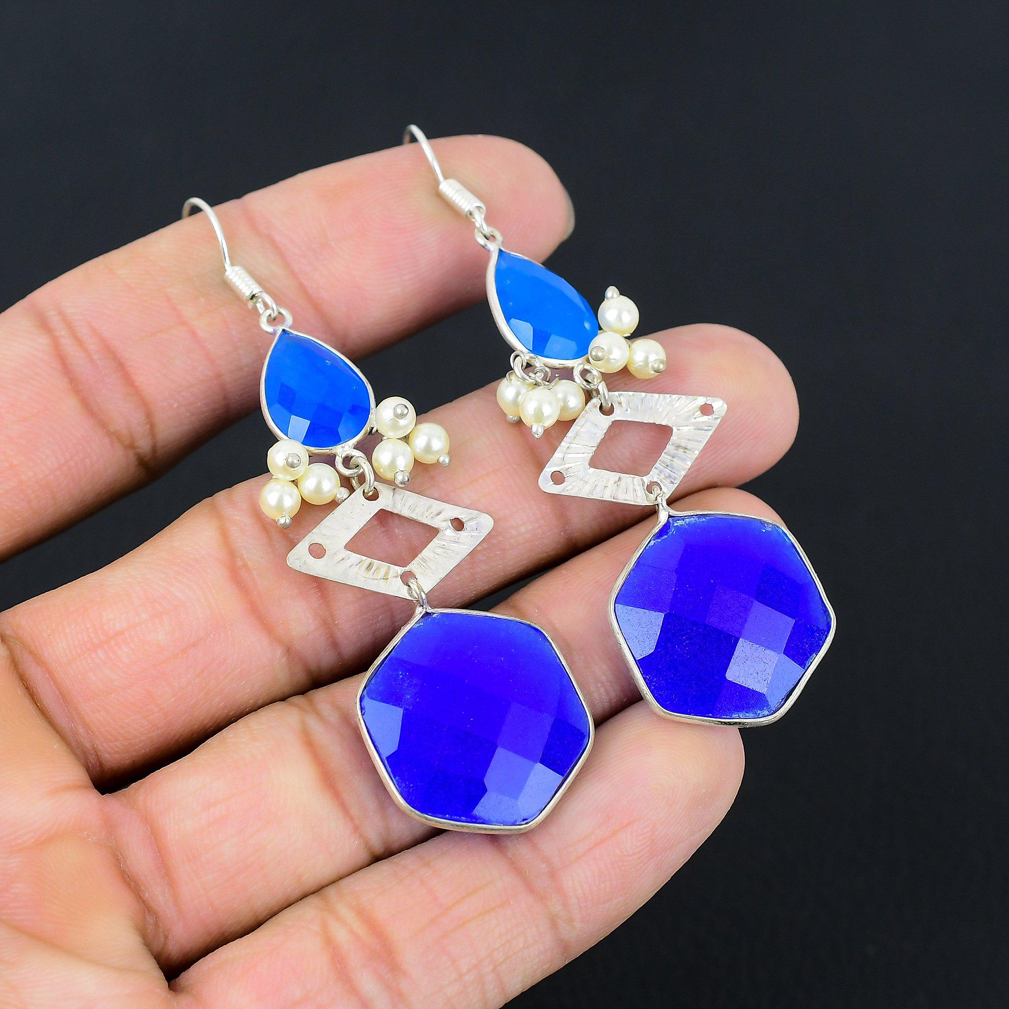 

Natural Blue Sapphire 925 Silver Dangle Third Eye Chakra Sister Earrings Jewelry