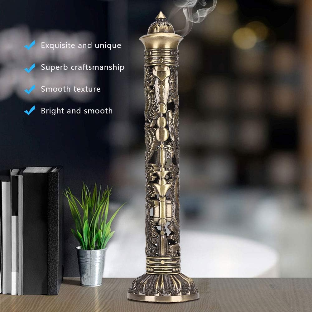 GOTOTOP Incense Stick, Portable Incense Tower Holder Bronze Tone Dragon Phoenix Relief Craft Ornaments Tea Room Decoration Vertical Stick Incense