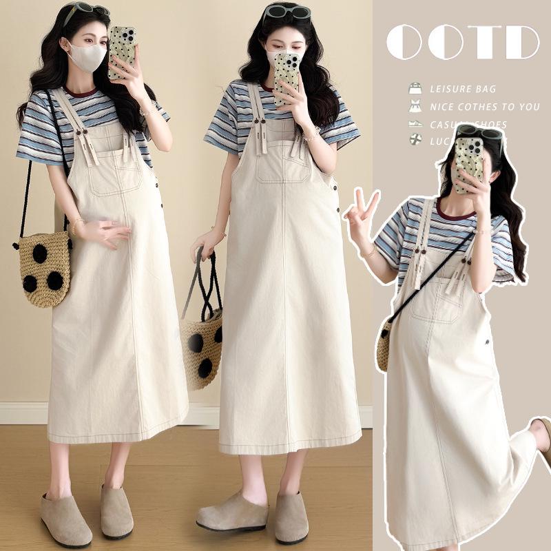 2026 Summer Dopamine Stripe Korean Casual Maternity Dress Set 2XL
