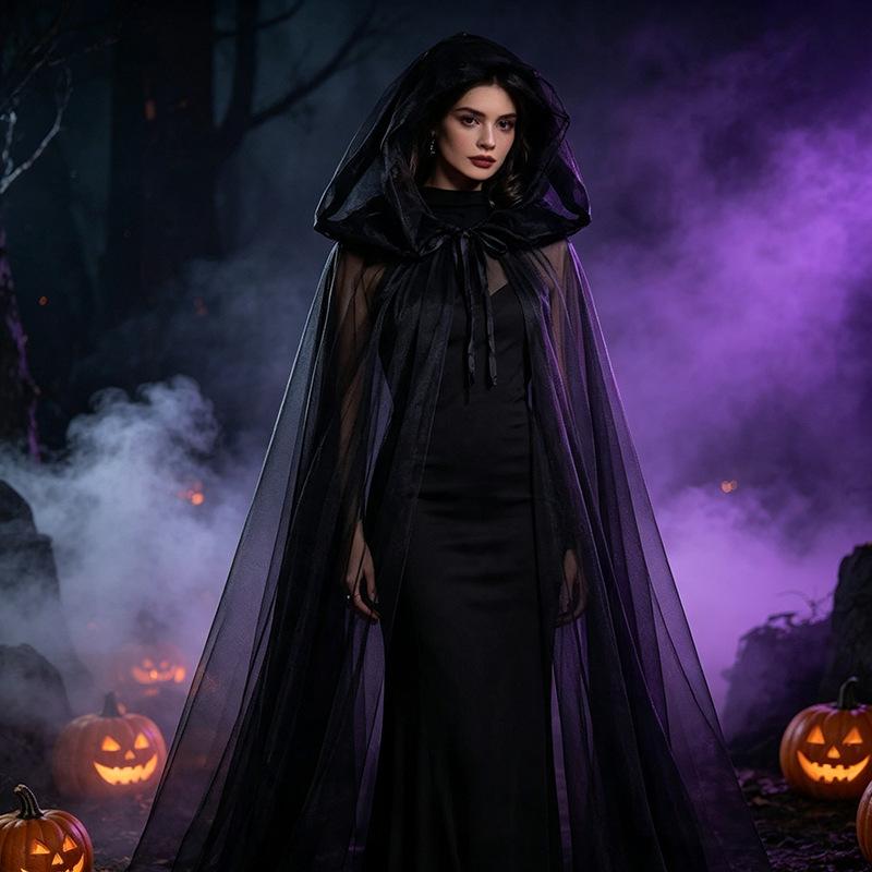 Mantello Nero Trasparente con Cappuccio da Donna Mantello da Strega di Halloween Costume da Vampiro Gotico Mantello Lungo in Tulle per Cosplay Festa in Maschera