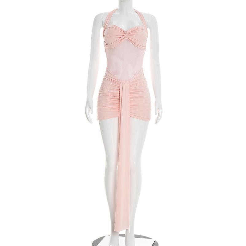 Women Casual Solid Color Mesh Patchwork Twisted Halter Short Bodycon Dress