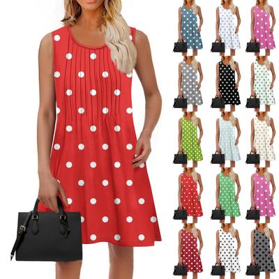 Ladies Fashion Summer Polka Dot Print Dress Loose Beach Vacation Casual Sleeveless Sundress
