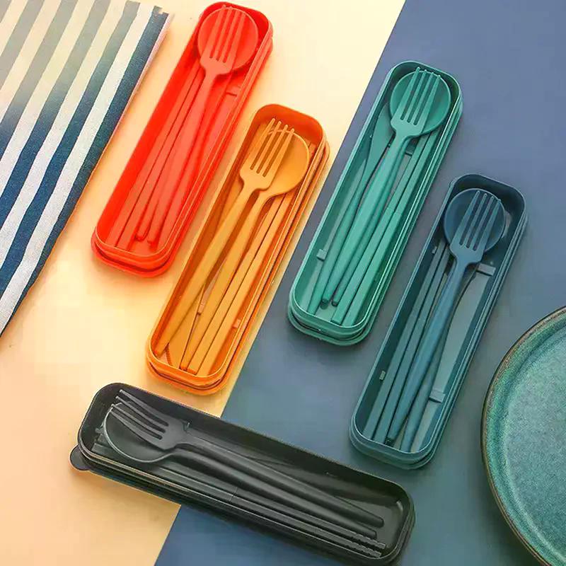 4Pcs Portable Utensils Healthy Eco-Friendly Wheat Straw Cutlery Reusable Chopstick Fork Knife Spoon Set