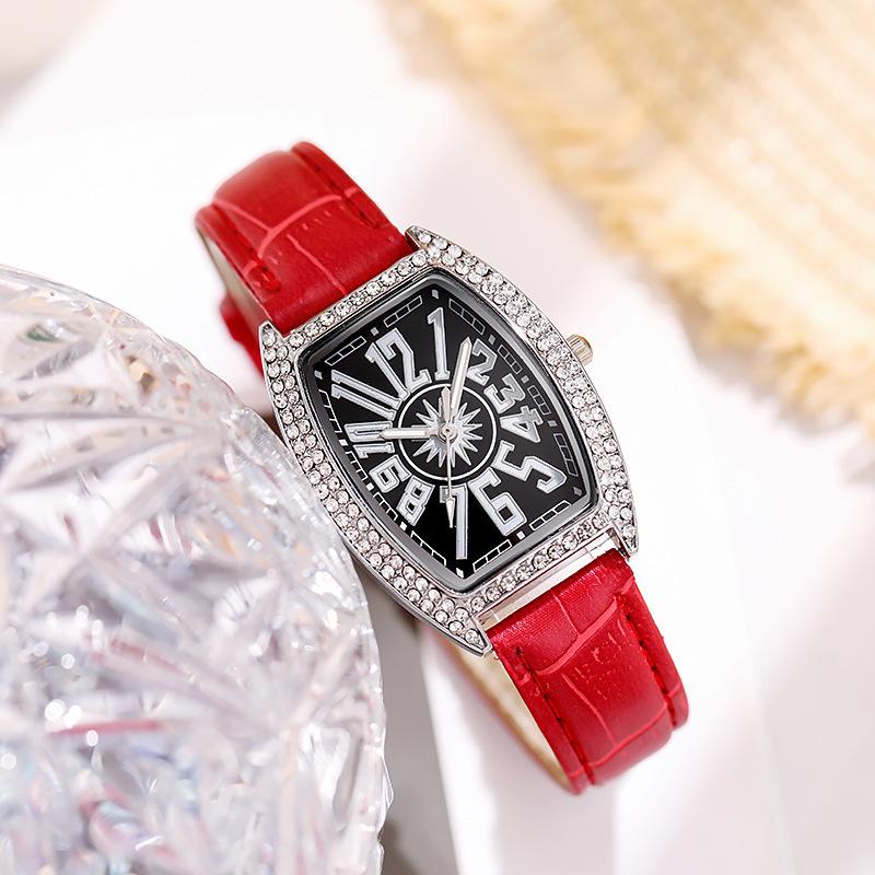 Ladies Leather Belt Rhinestone Watch Barrel-shaped Roman Numeral Wristwatch