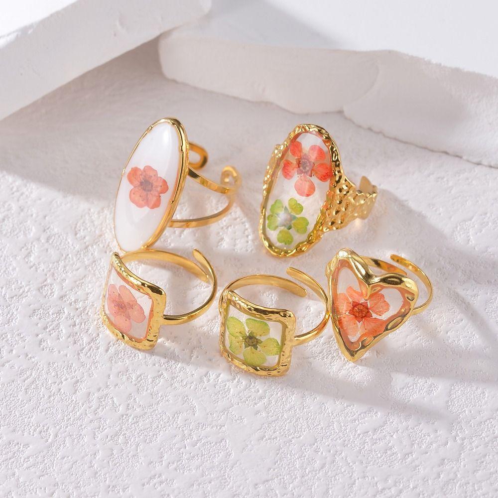 Geometric Summer Transparent Ring Stainless Steel Open Ring Retro Eternal Flower Ring  Couple