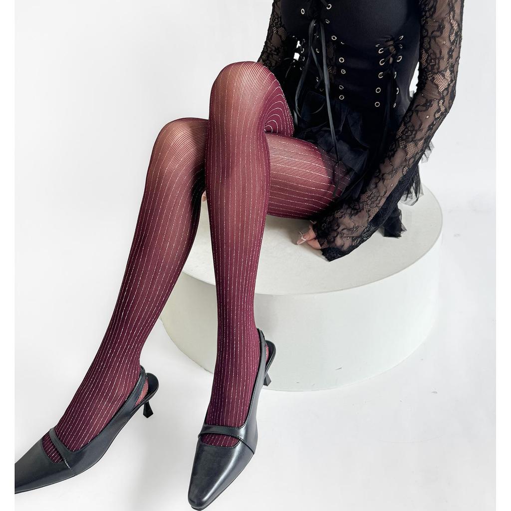 Autumn/Winter Silver Thread High-End Black Striped Leggings with Grey Layered Spicy Girl Stockings