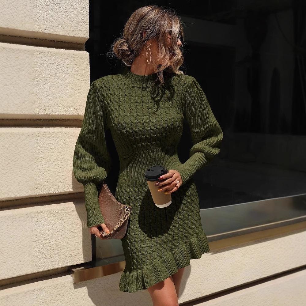 

Осень 2024 Женское однотонное платье с круглым вырезом и оборками XXXL зелёный