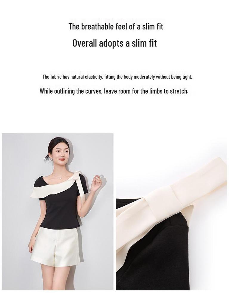 Color Block Stitching Irregular T-shirt - Women's Summer Slim Fit Short Sleeve Top In Gentle Temperament Style