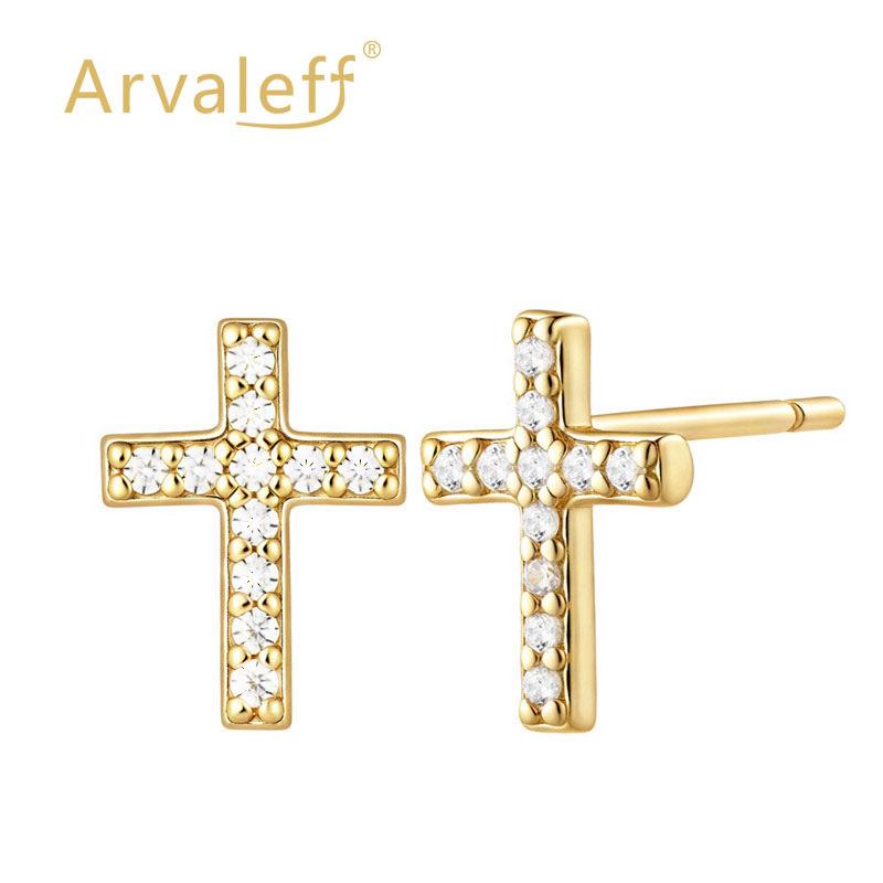 Arvaleff 925 Sterling Silver & 14K Gold Cross Design Stud Earrings